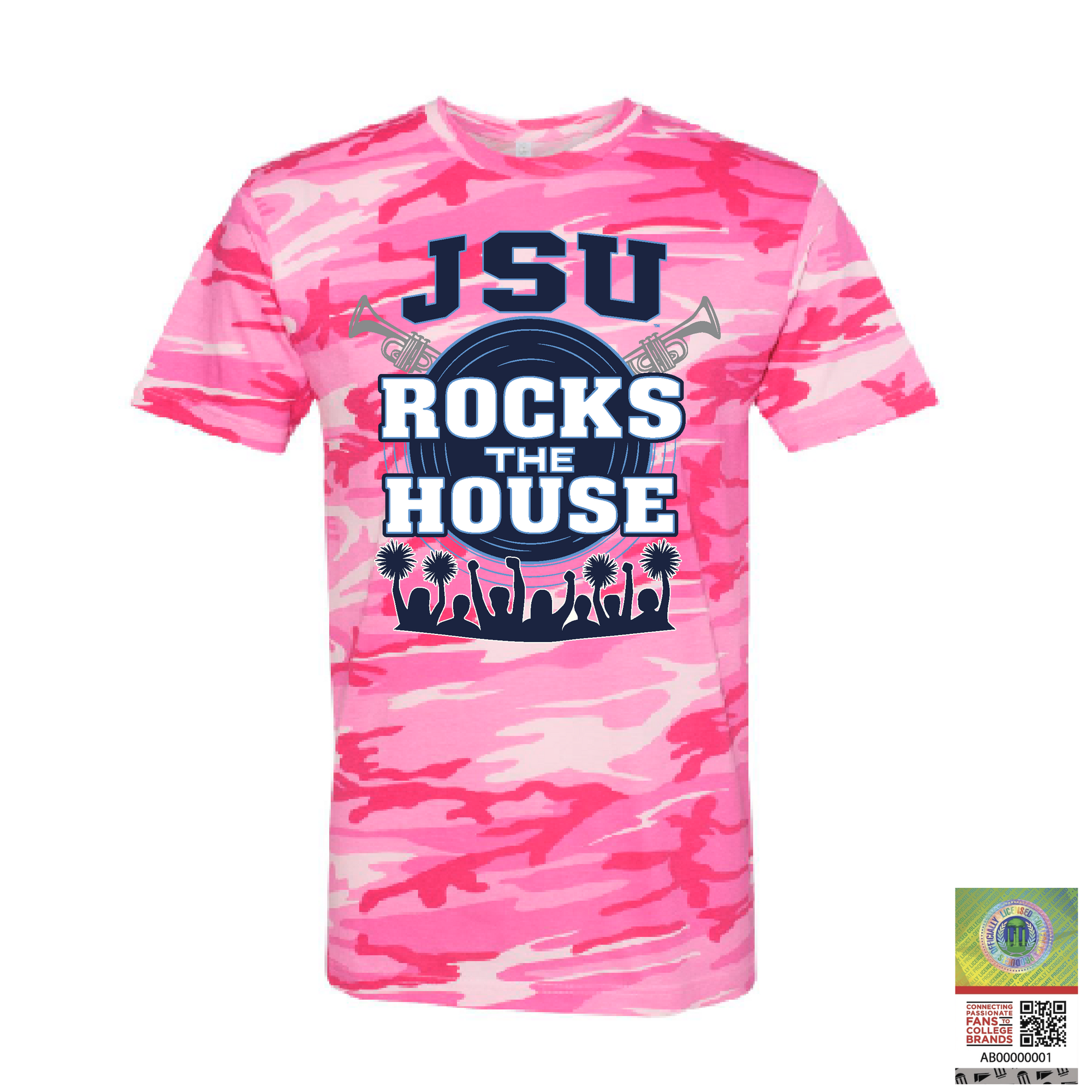 Pink camo unisex crewneck T-shirt with JSU Rocks the House front graphic