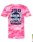 Pink camo unisex crewneck T-shirt with JSU Rocks the House front graphic