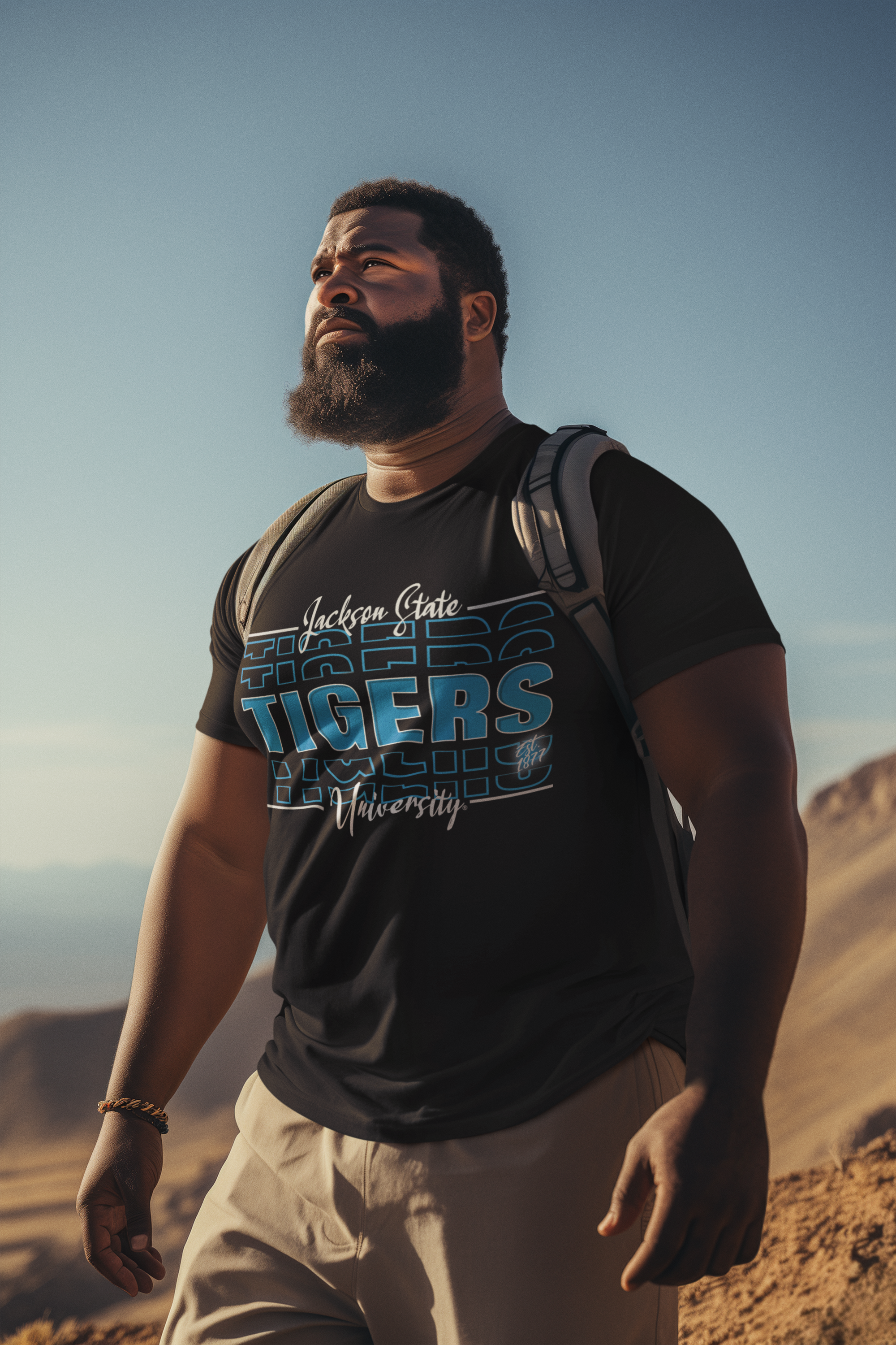 Black short-sleeve T-shirt with blue Tigers front logo on model