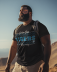 Black short-sleeve T-shirt with blue Tigers front logo on model
