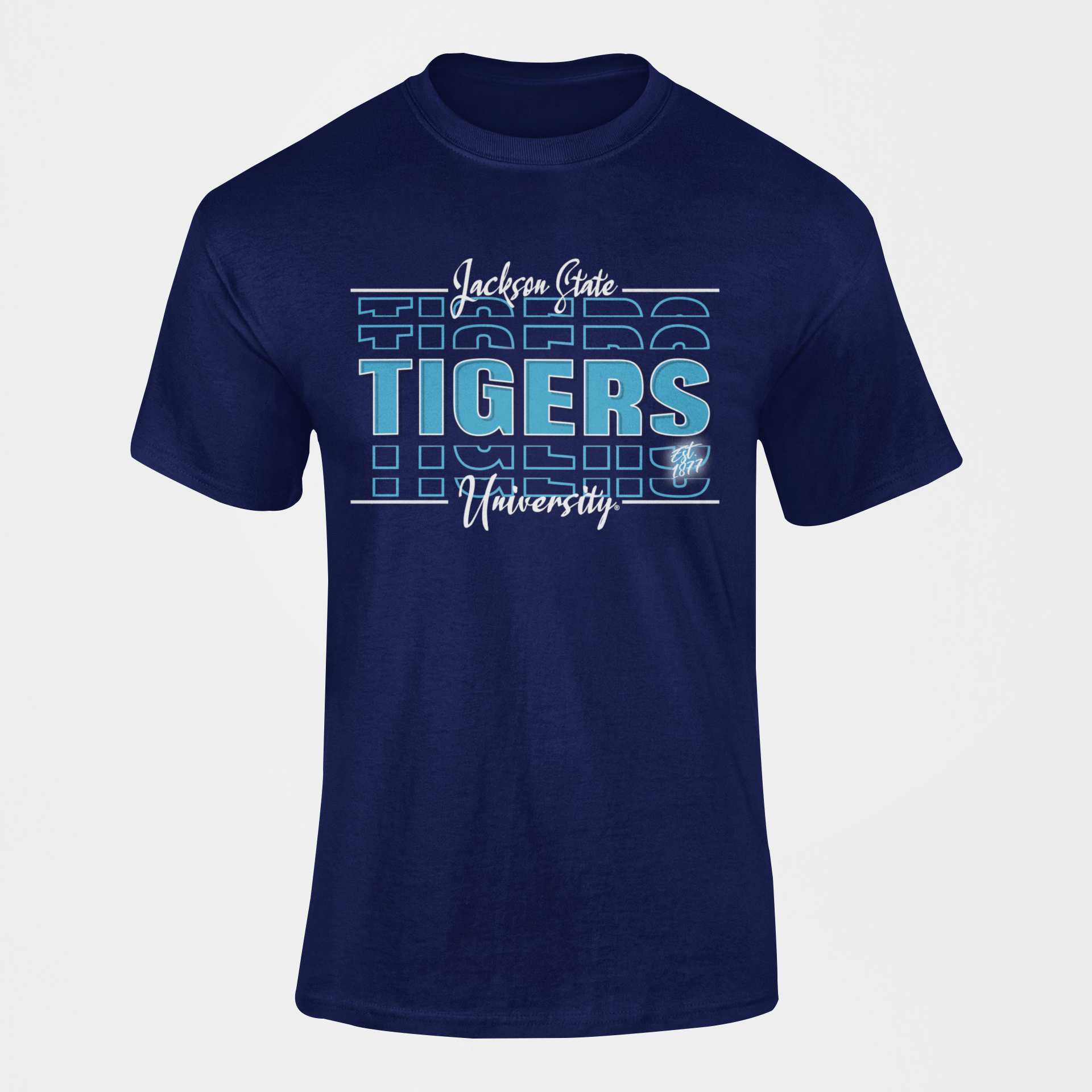 Navy blue short-sleeve T-shirt with blue Tigers front graphic