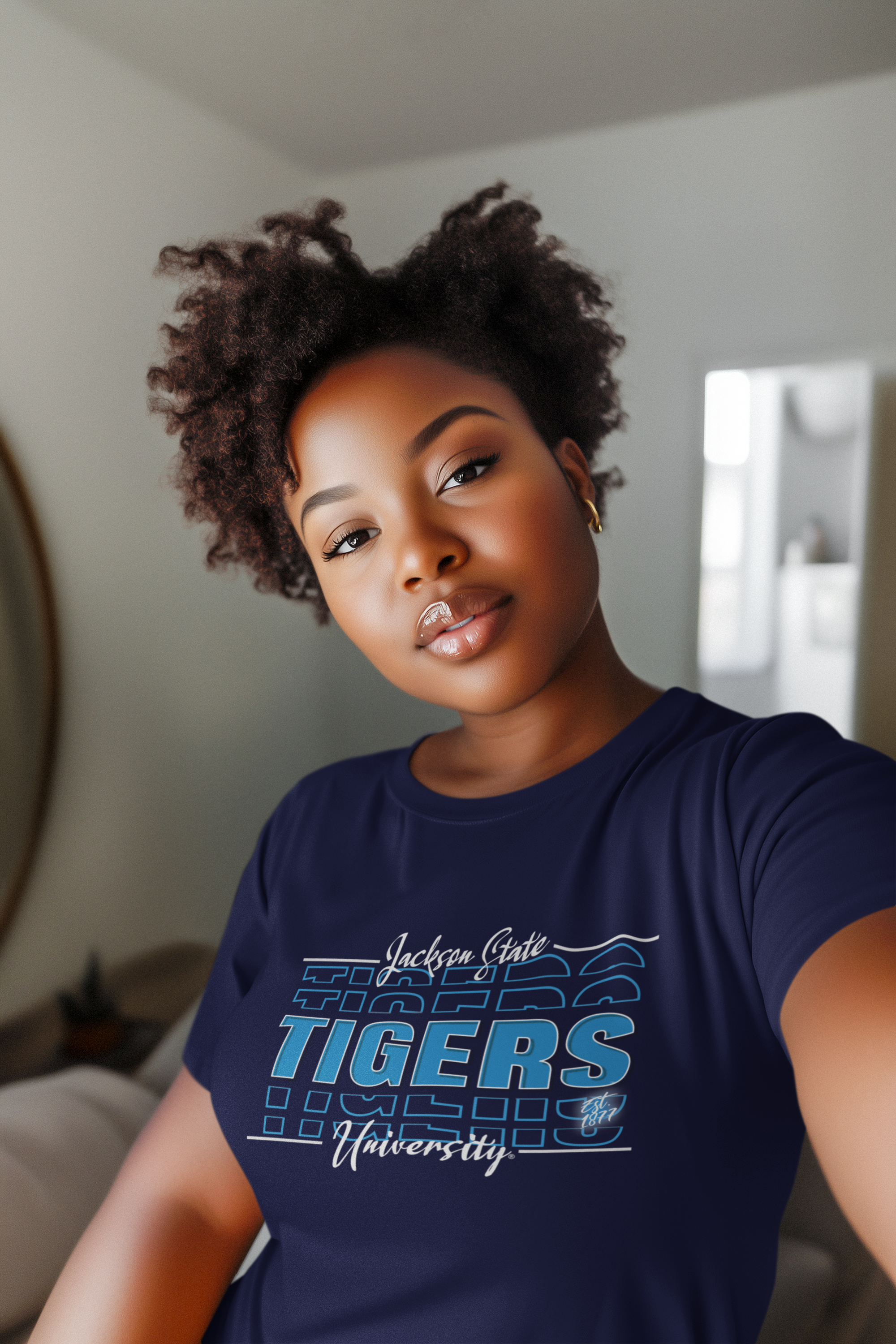 Navy blue short-sleeve T-shirt with blue Tigers front logo on model