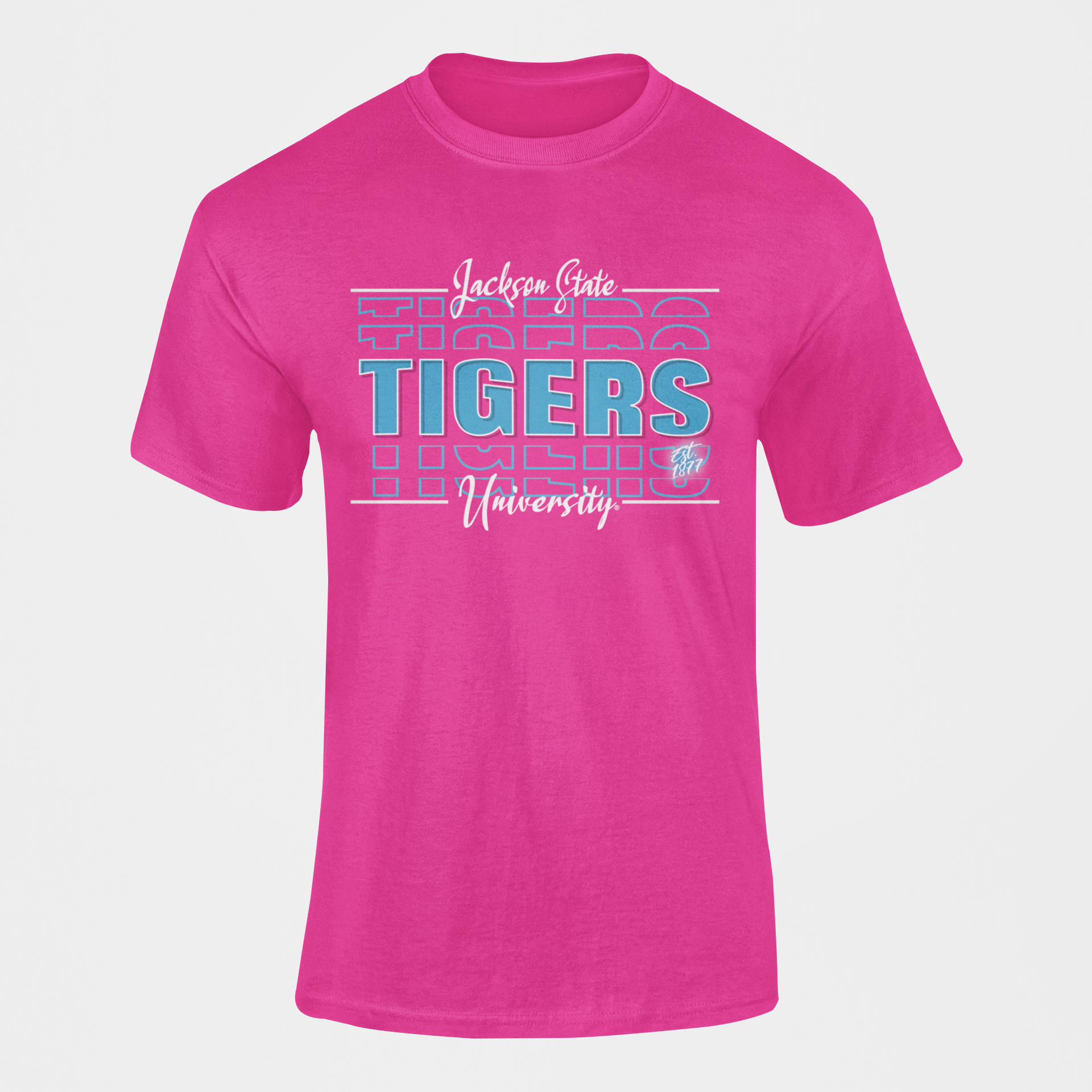 Pink short-sleeve T-shirt with blue Tigers front graphic