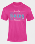 Pink short-sleeve T-shirt with blue Tigers front graphic