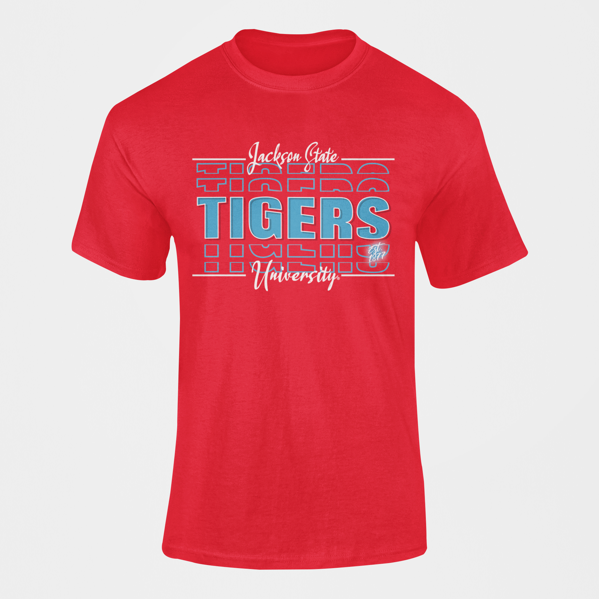 Red short-sleeve T-shirt with blue Tigers front graphic