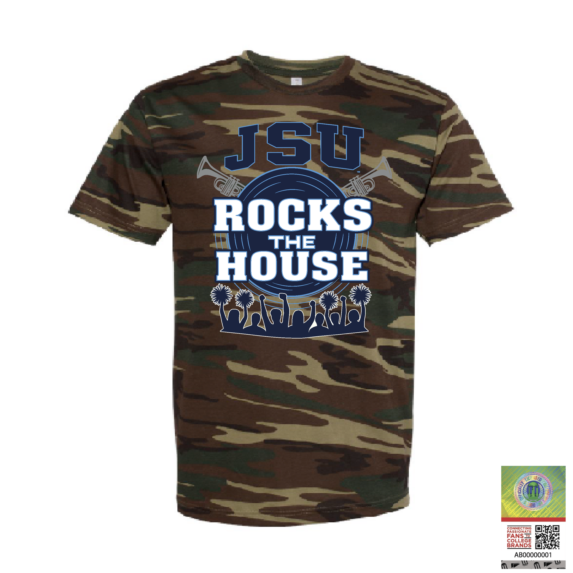 Camo unisex crewneck T-shirt with JSU Rocks the House front graphic
