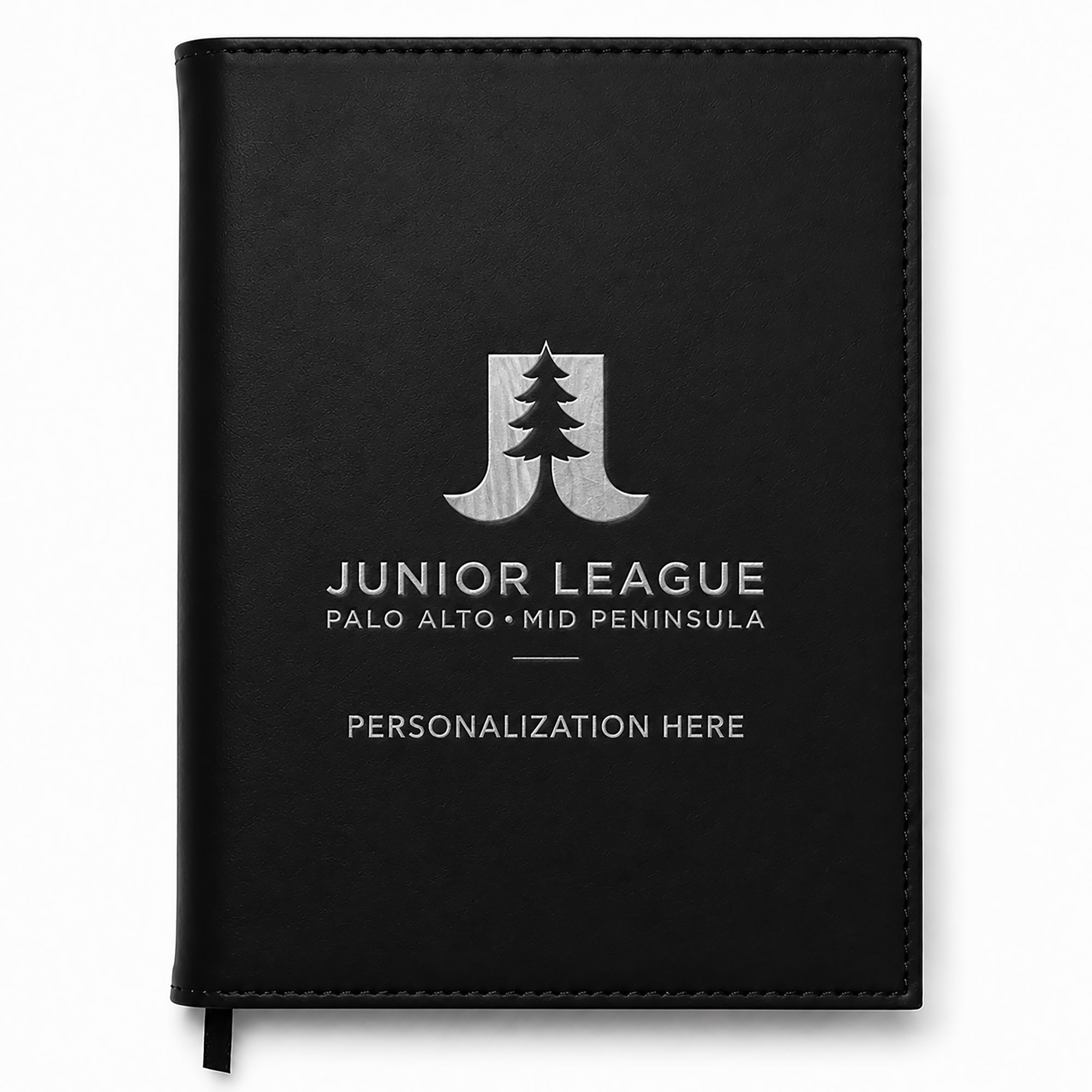Black notebook with Junior League Palo Alto Mid Peninsula logo and text on a white background