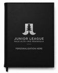 Black notebook with Junior League Palo Alto Mid Peninsula logo and text on a white background