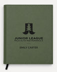 Green notebook with 'Junior League Palo Alto Mid Peninsula' logo and name on a white background