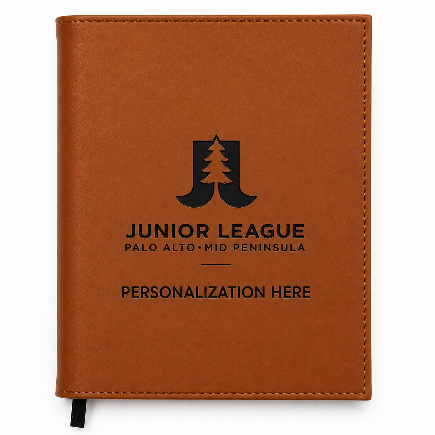 Brown leather notebook with Junior League Palo Alto-Mid Peninsula branding on a white background