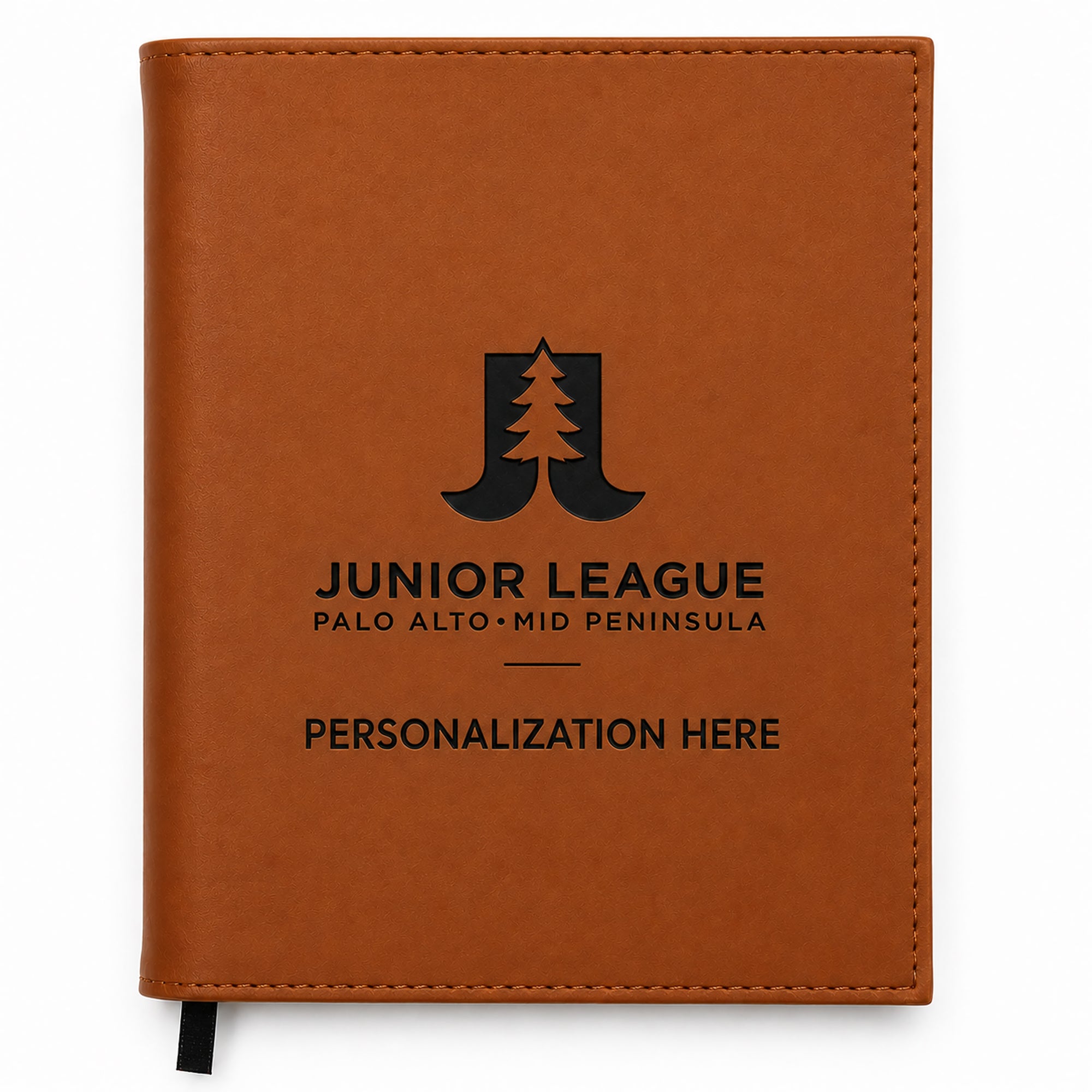 Brown leather notebook with Junior League Palo Alto-Mid Peninsula branding on a white background