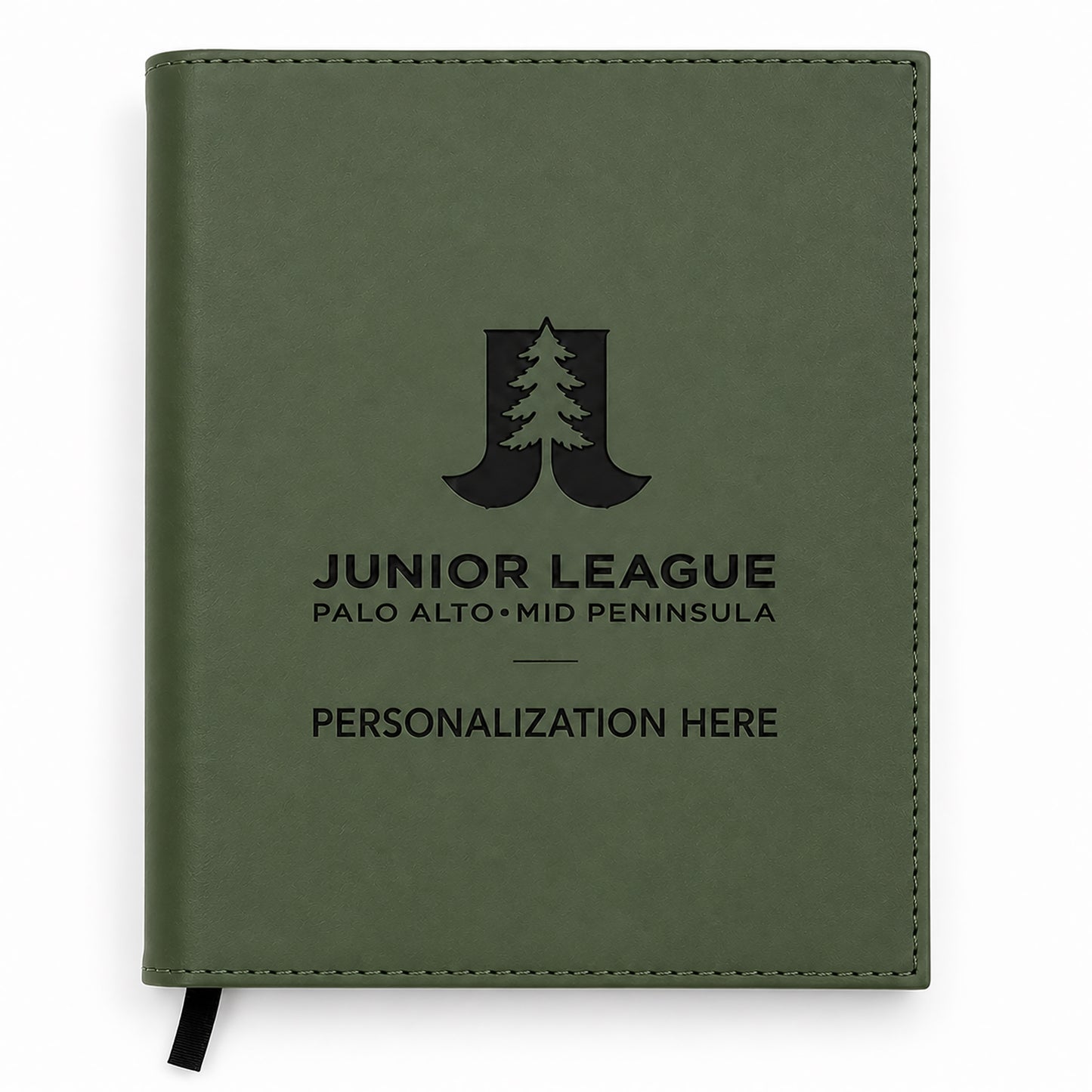 Green notebook withJunior League Palo Alto Mid Peninsula branding on a white background