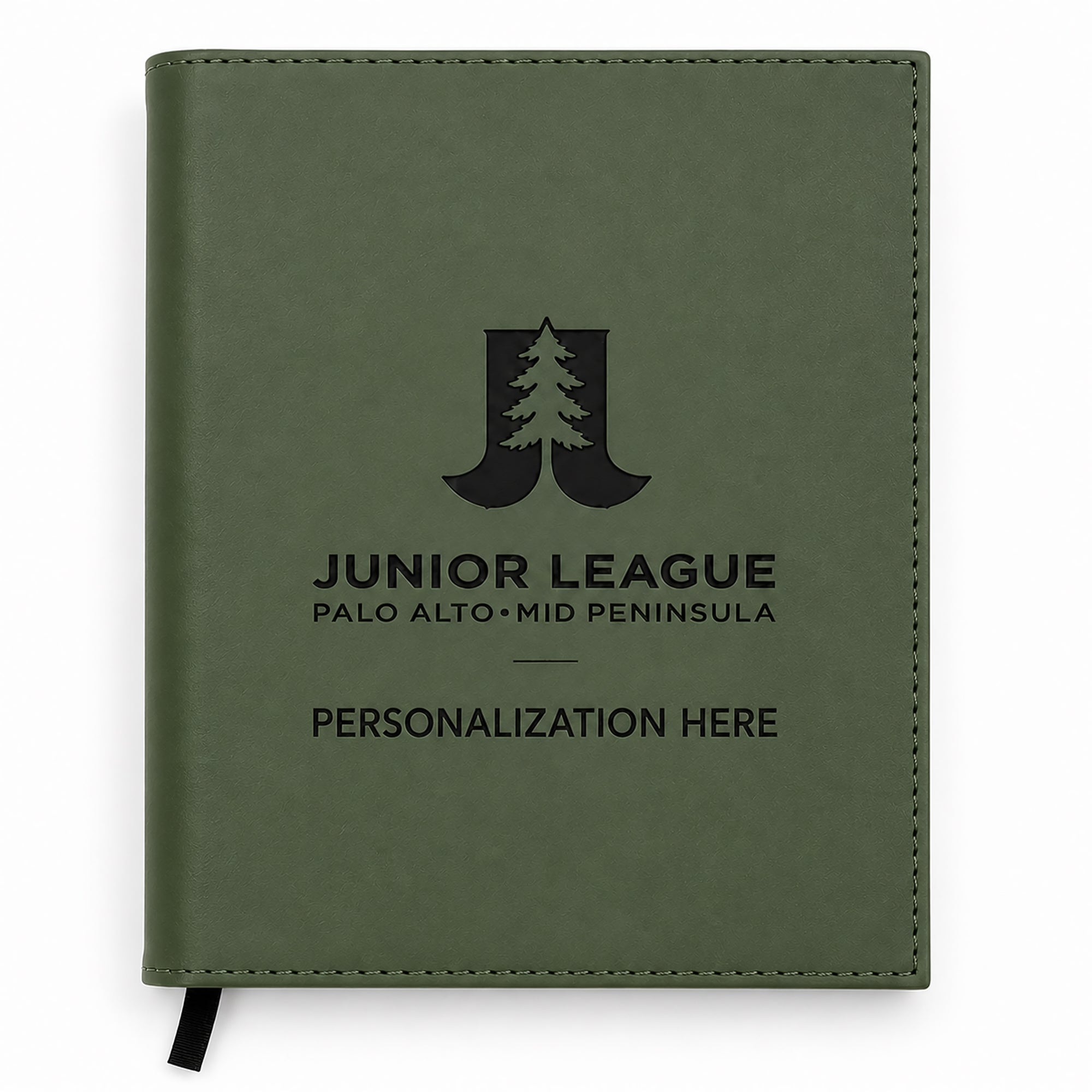 Green notebook withJunior League Palo Alto Mid Peninsula branding on a white background