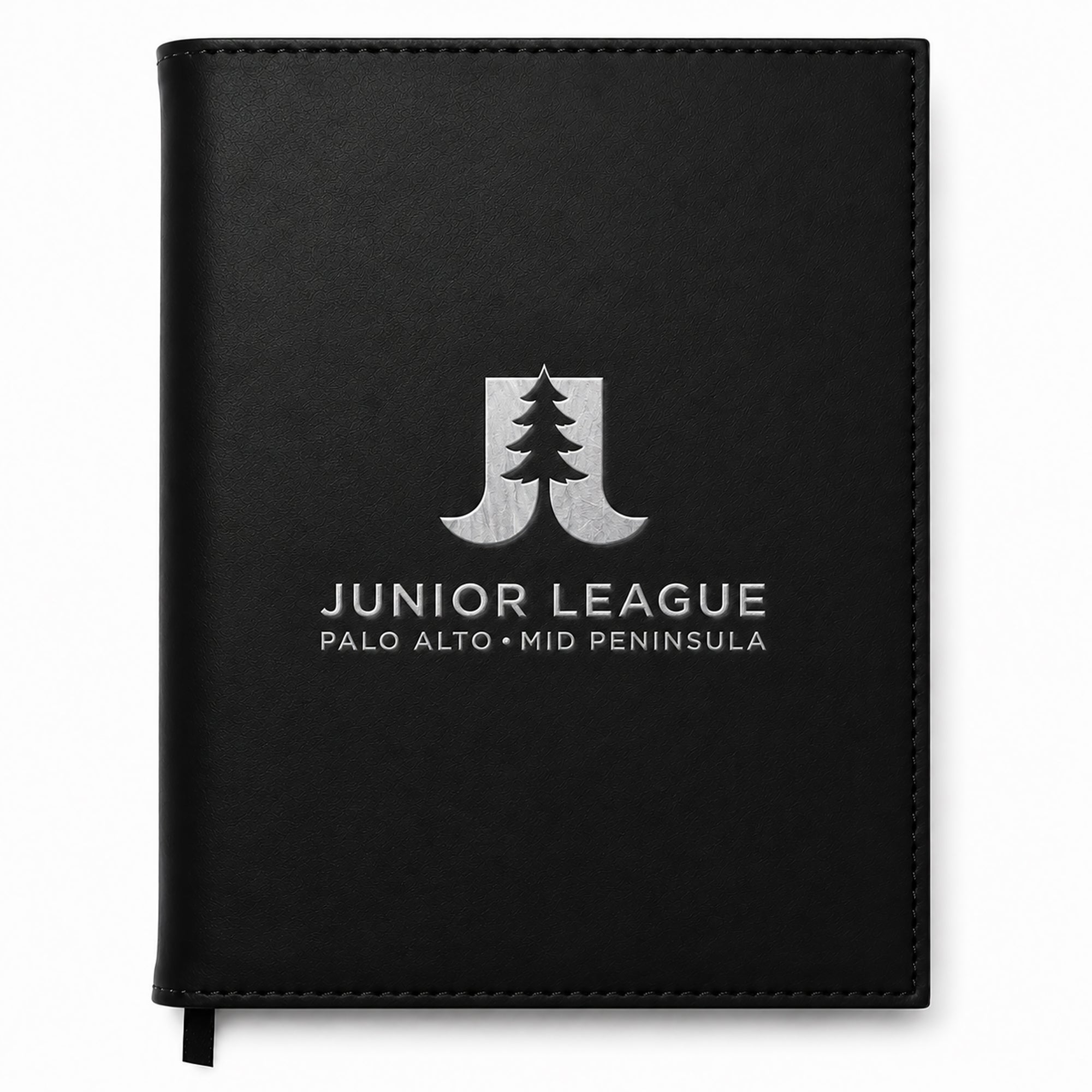 Black notebook with 'Junior League Palo Alto Mid Peninsula' logo on a white background