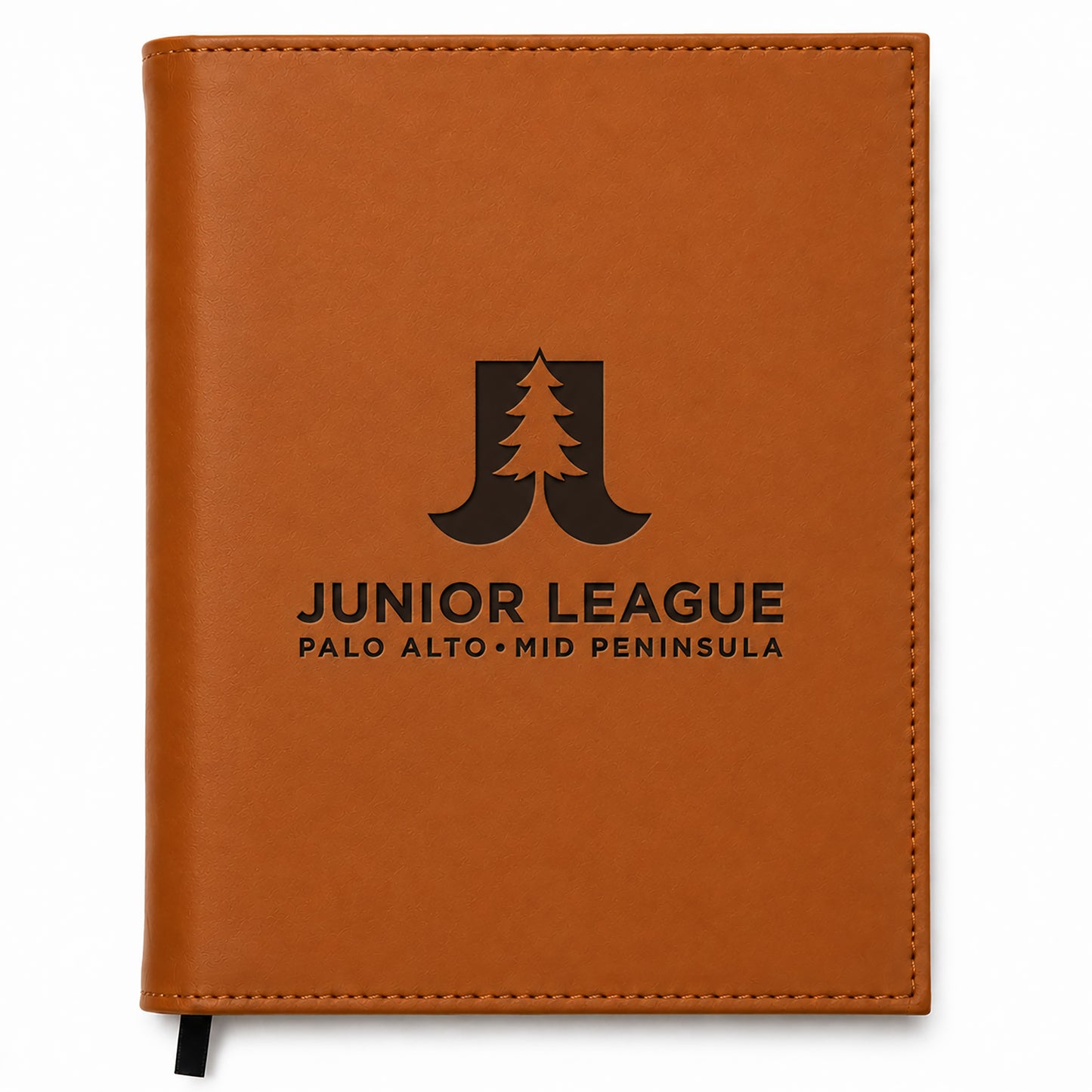 Brown leather notebook with Junior League logo and text on a white background