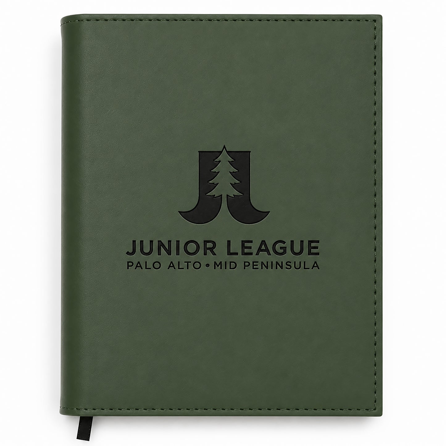 Green notebook with 'Junior League Palo Alto Mid Peninsula' logo on a white background