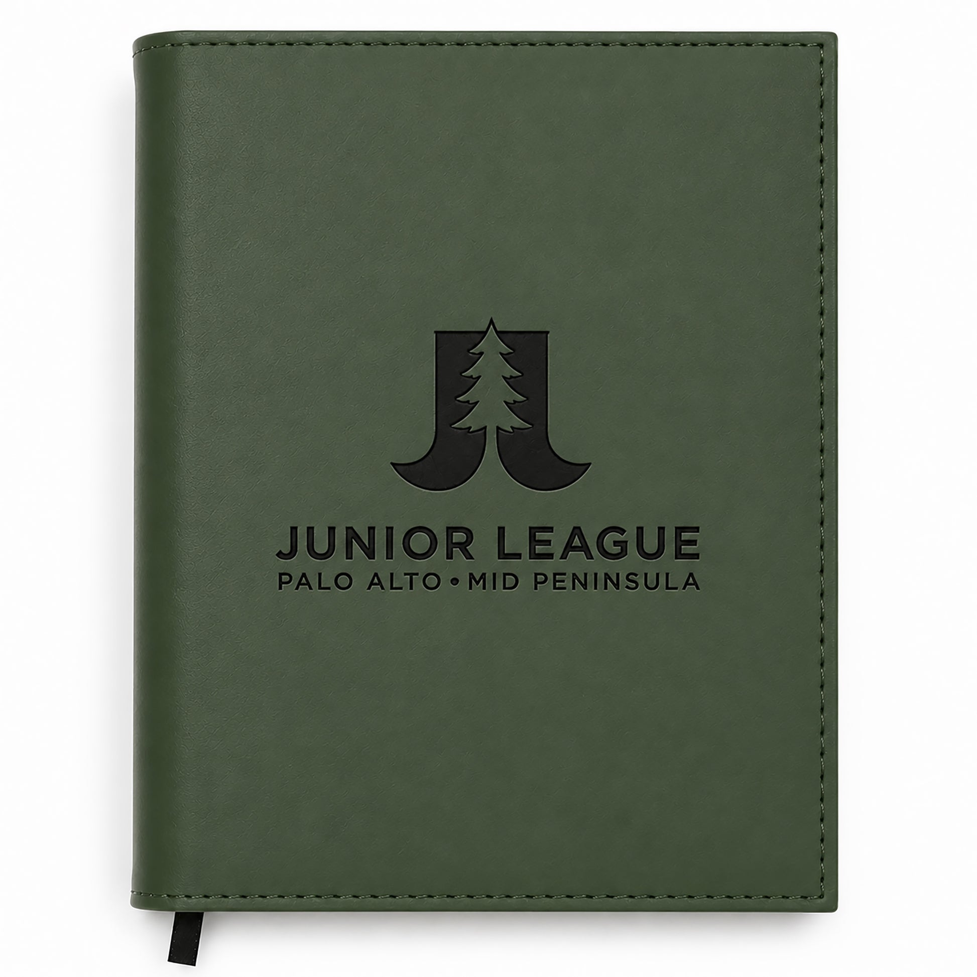 Green notebook with 'Junior League Palo Alto Mid Peninsula' logo on a white background