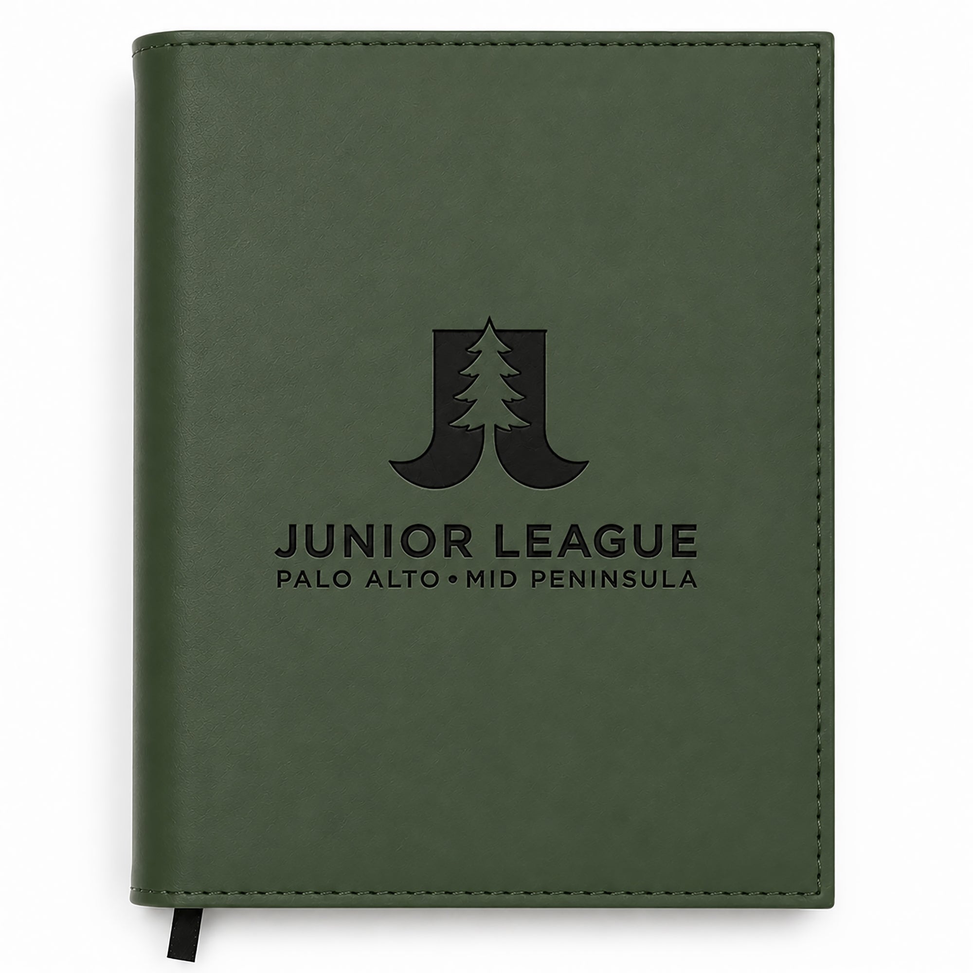 Green notebook with 'Junior League Palo Alto Mid Peninsula' logo on a white background