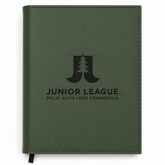 Green notebook with 'Junior League Palo Alto Mid Peninsula' logo on a white background