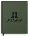 Green notebook with 'Junior League Palo Alto Mid Peninsula' logo on a white background