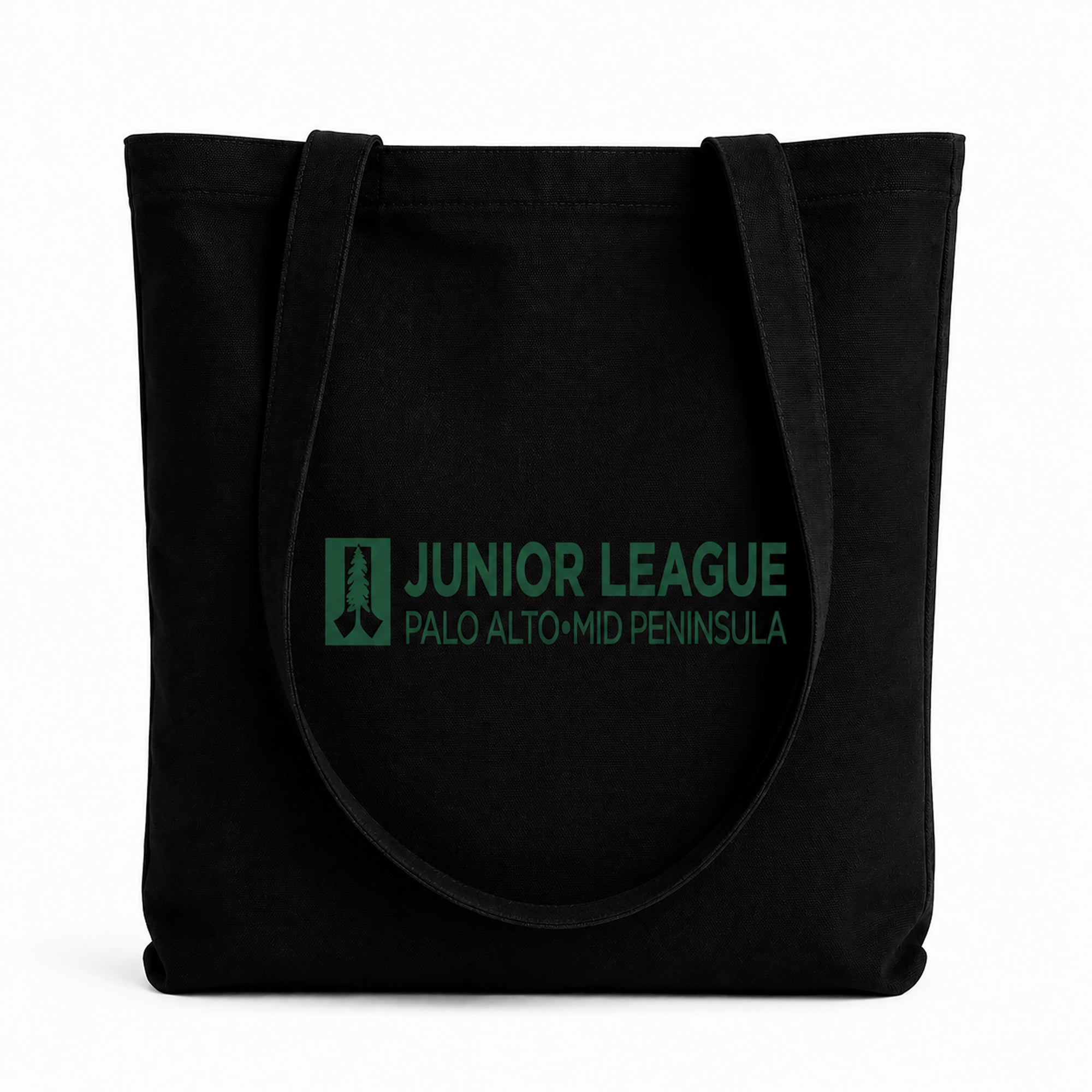 Black tote bag with 'Junior League Palo Alto Mid Peninsula' text on a white background