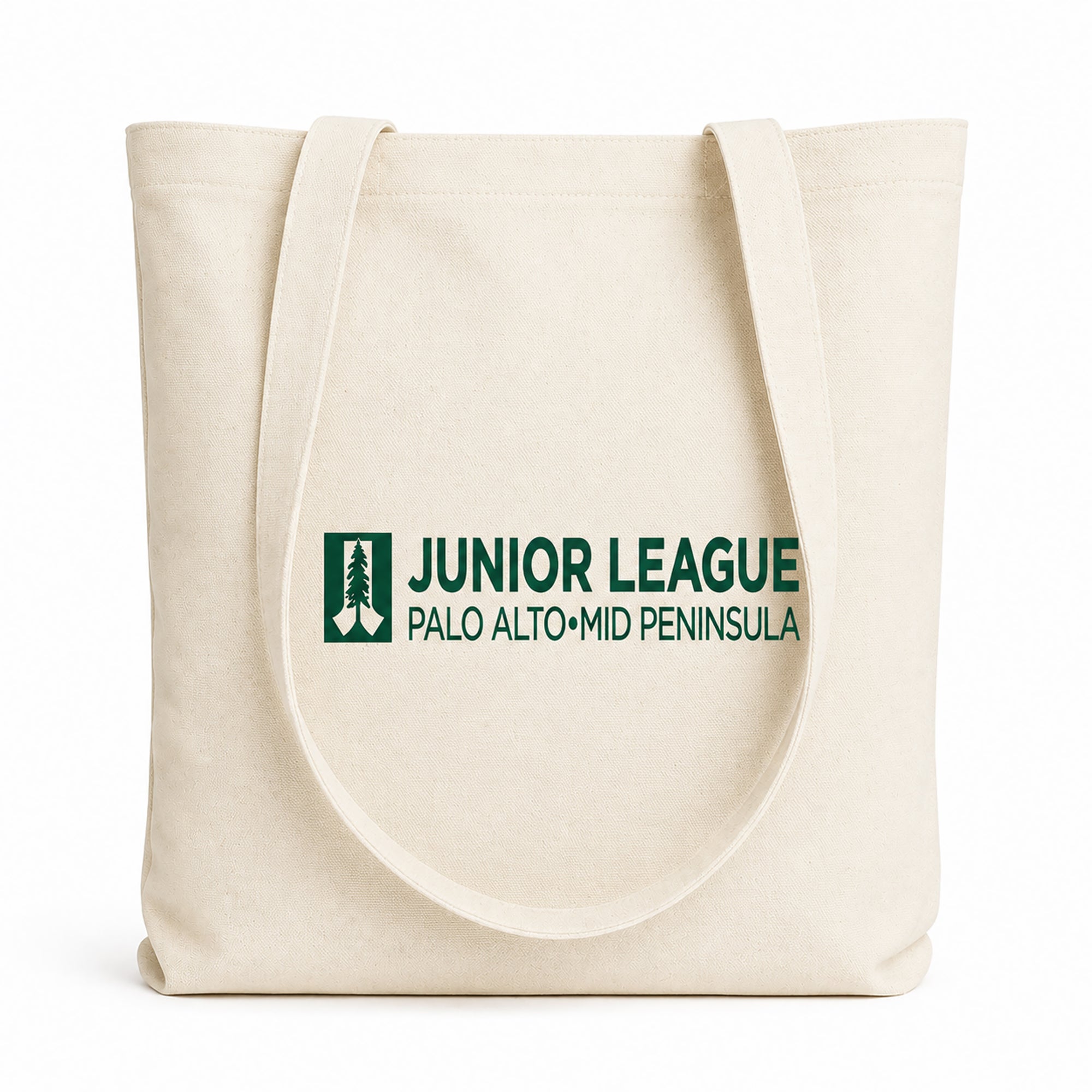 Natural tote bag with 'Junior League Palo Alto Mid Peninsula' logo on a white background
