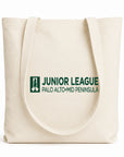 Natural tote bag with 'Junior League Palo Alto Mid Peninsula' logo on a white background