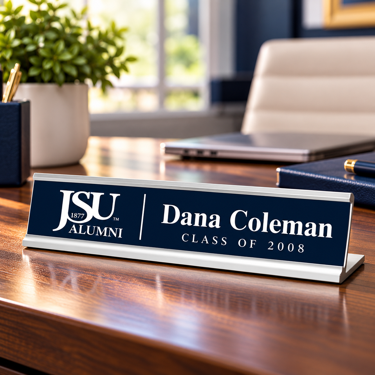 Personalized Jackson State University alumni desk name plate with Dana Coleman and Class of 2008 in navy and silver.
