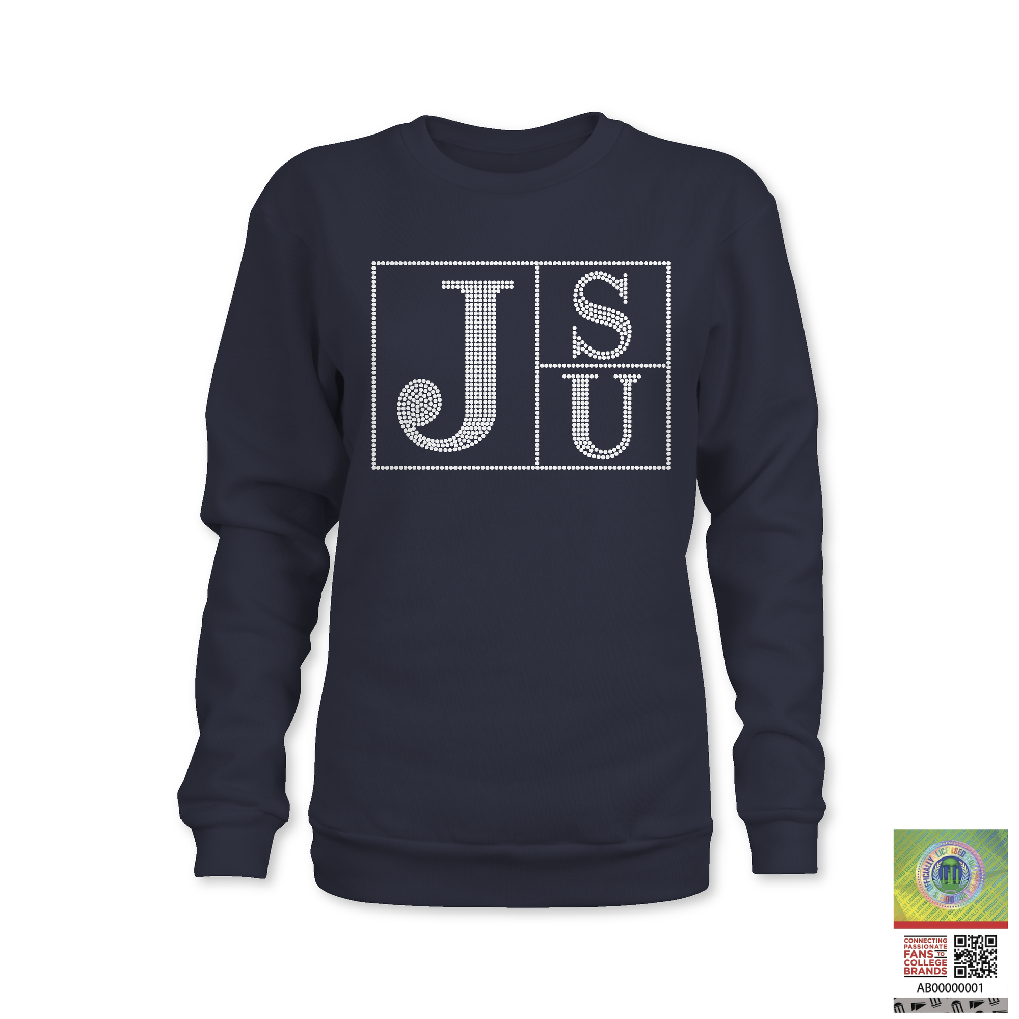 Navy rhinestone JSU block-letter sweatshirt, crew neck with large front logo
