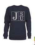 Navy rhinestone JSU block-letter sweatshirt, crew neck with large front logo