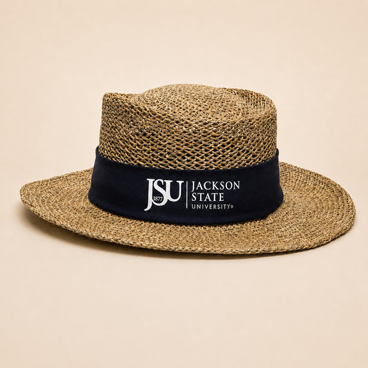 A woven straw fedora-style hat with a navy blue band featuring the white text 'JSU JACKSON STATE UNIVERSITY'.
