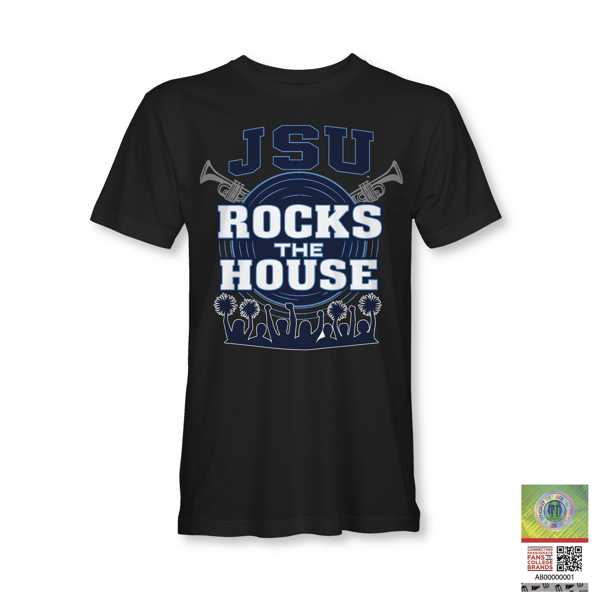 Unisex crewneck t-shirt in black with JSU Rocks the House front graphic