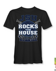 Unisex crewneck t-shirt in black with JSU Rocks the House front graphic