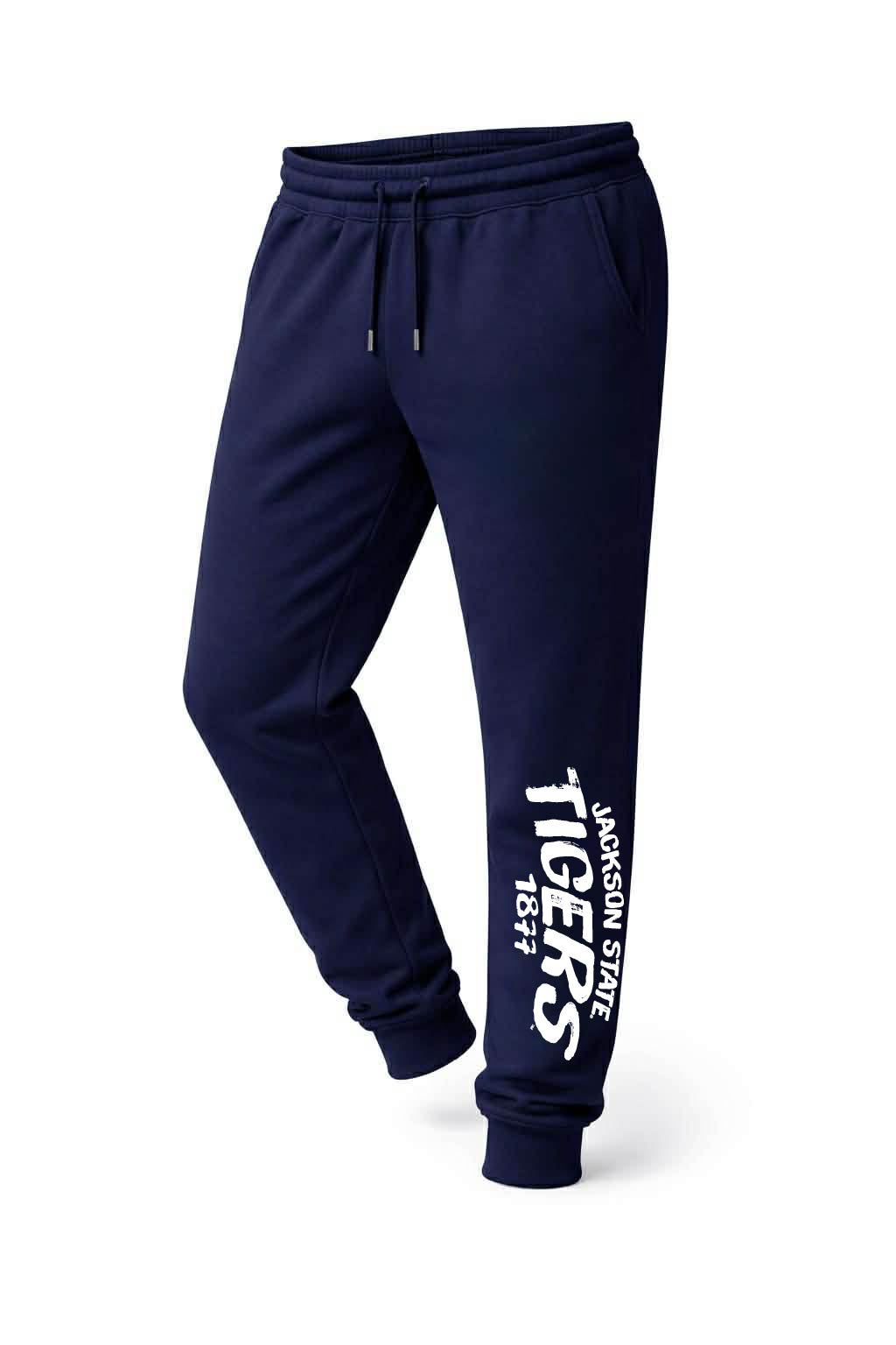 Navy fleece jogger pants with drawstring waist and Tigers arch logo on leg