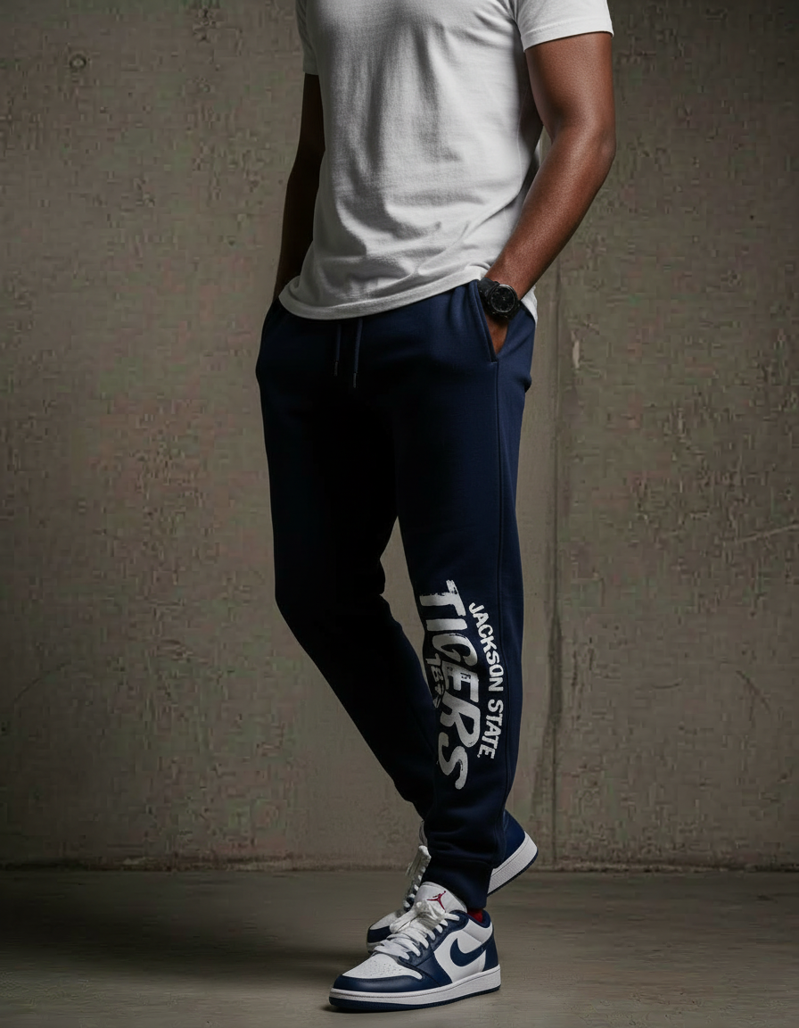Person wearing navy 'Washington State Tigers' jogger pants with a white t-shirt against a gray background