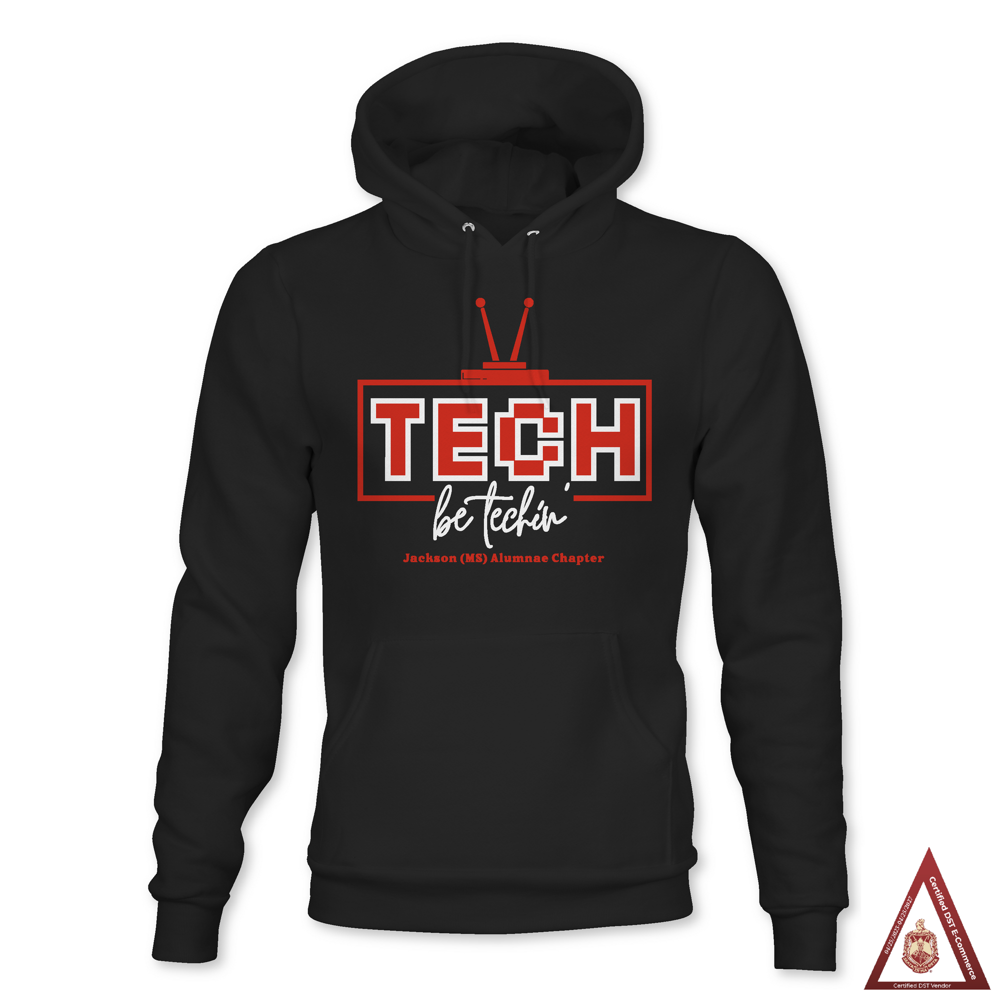 Black hoodie with red TECH logo and be techin’ text.