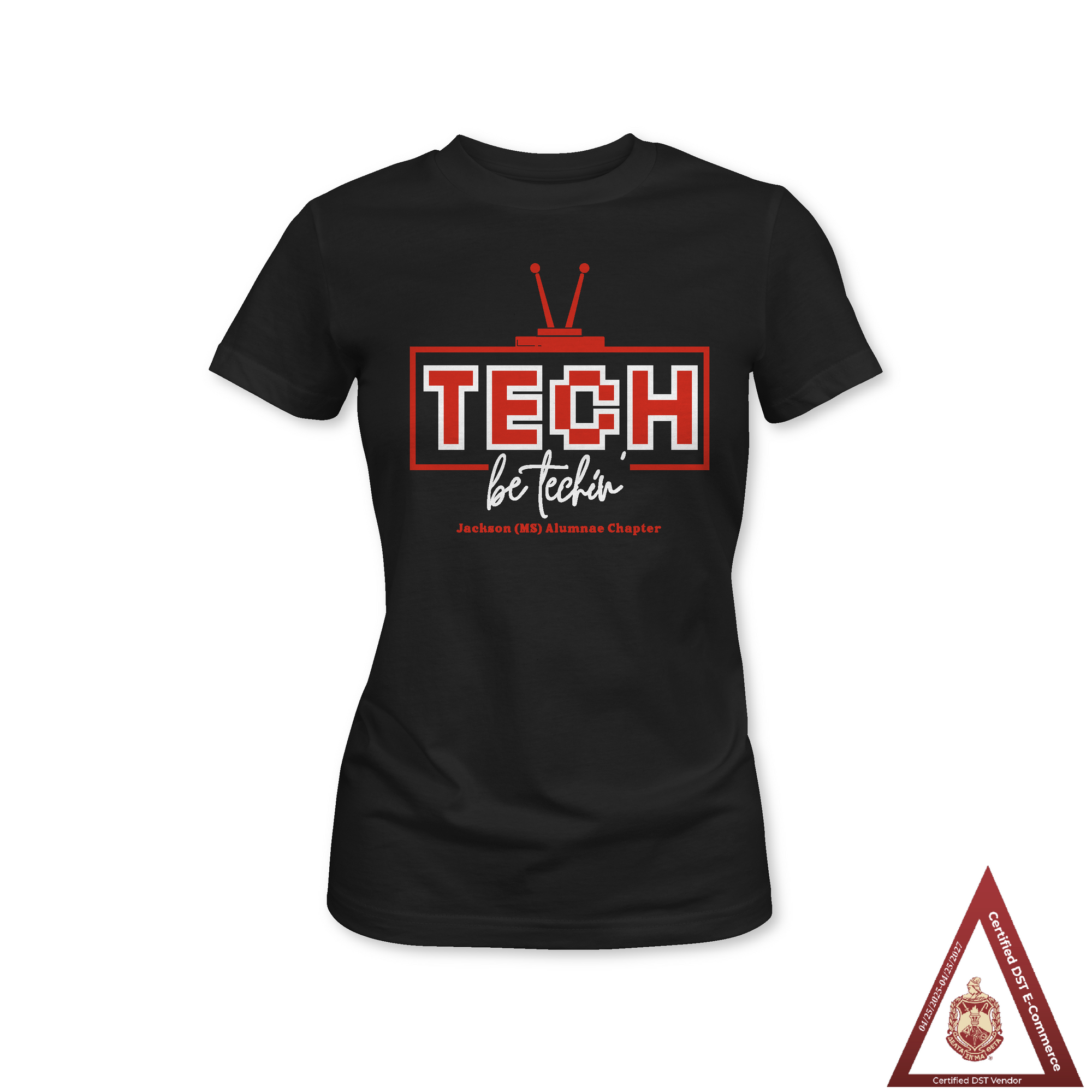 Black T-shirt with red TECH logo and be techin’ graphic.