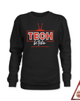 Black sweatshirt with red TECH logo and be techin’ graphic.