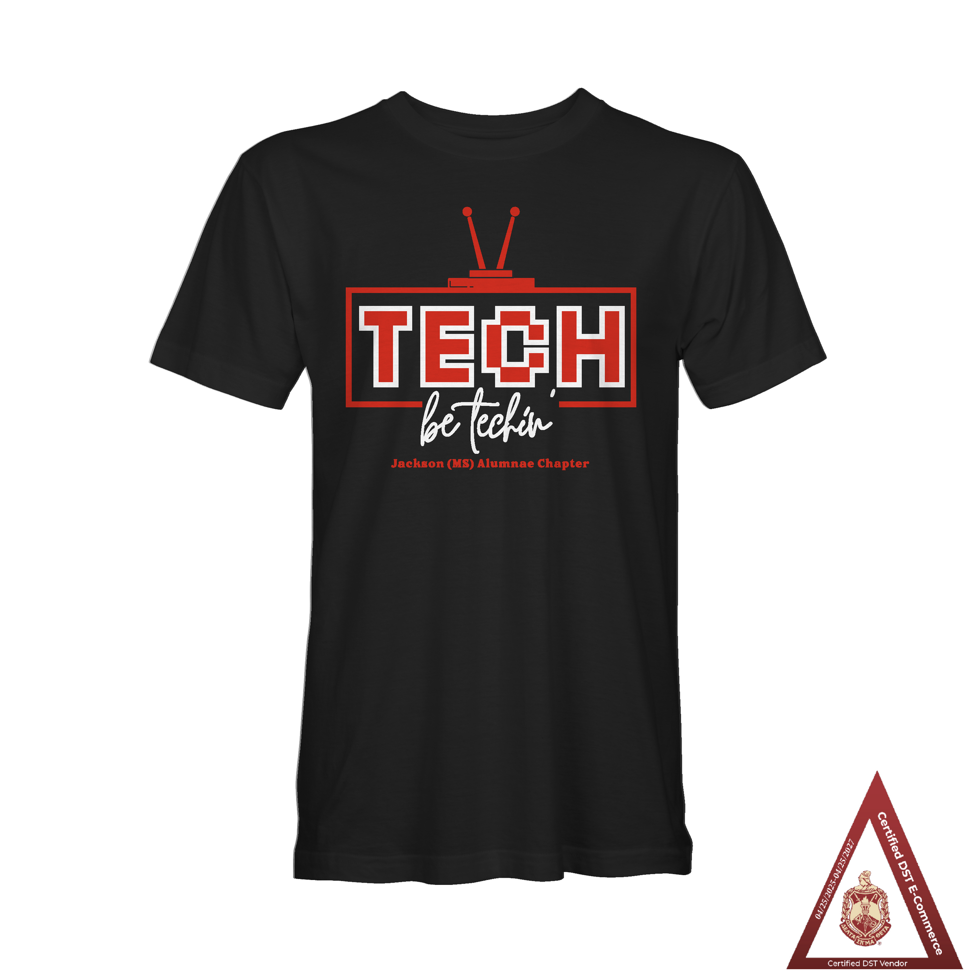 Black T-shirt with red TECH logo and be techin’ graphic.