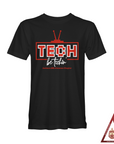 Black T-shirt with red TECH logo and be techin’ graphic.