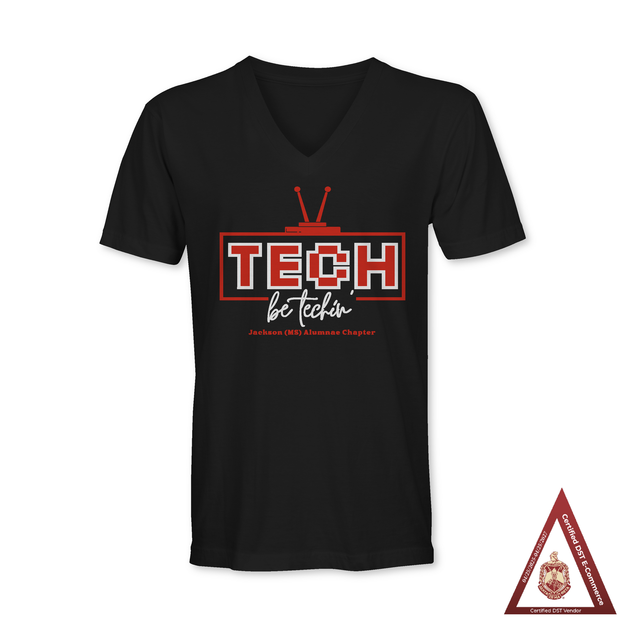 Black V-neck T-shirt with red TECH logo and be techin’ graphic.
