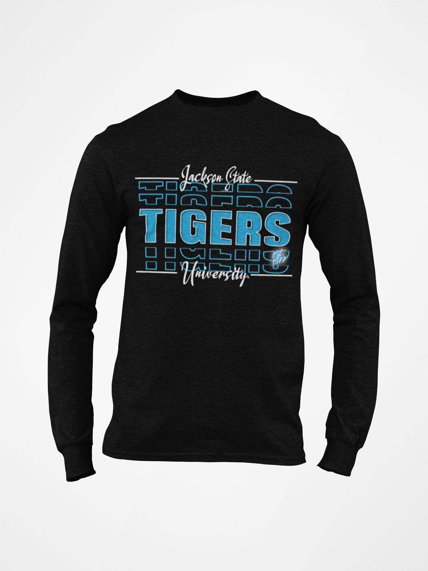 Black long-sleeve t-shirt with 'TIGERS' front graphic