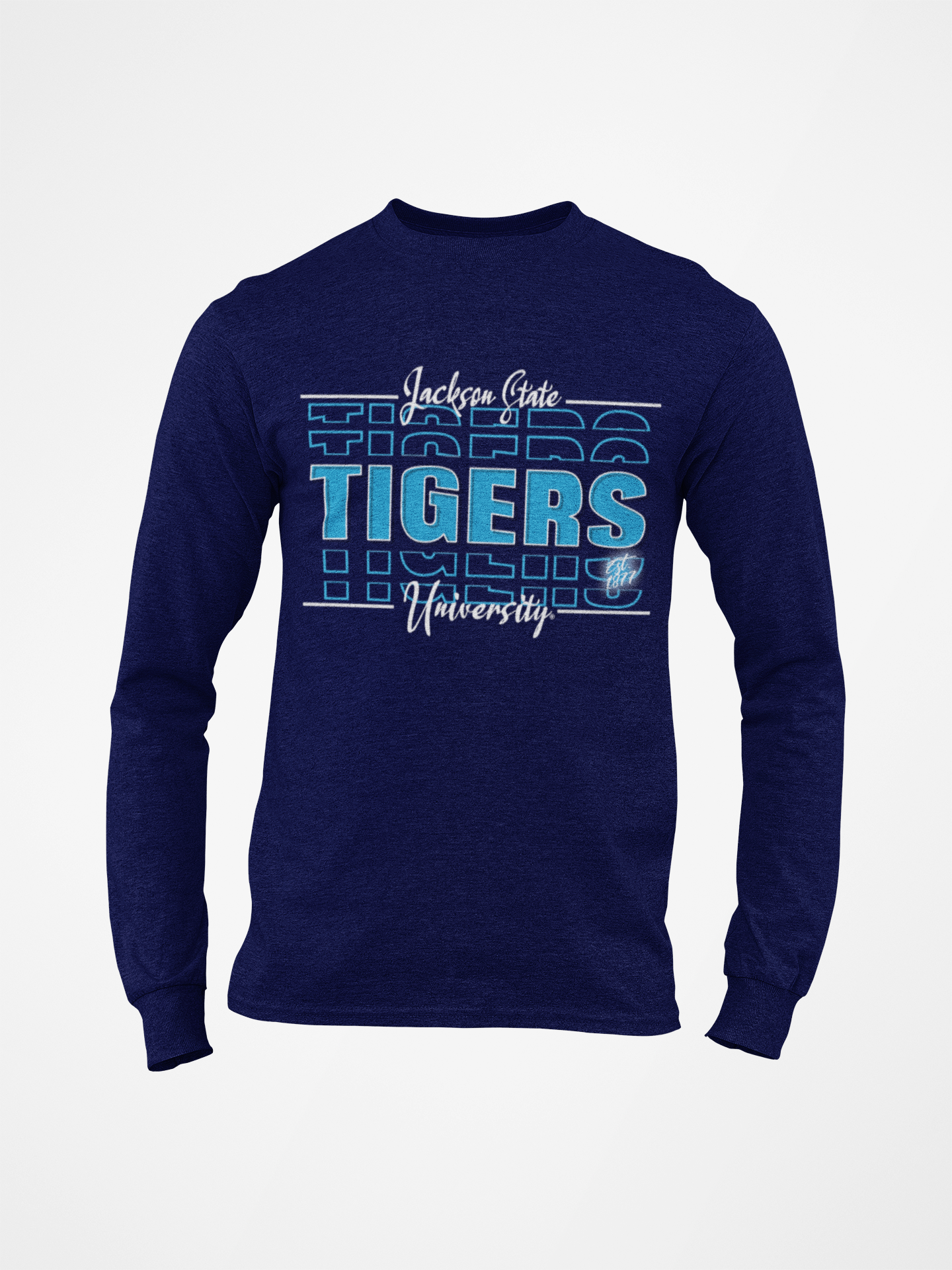 Navy long-sleeve t-shirt with 'TIGERS' front graphic
