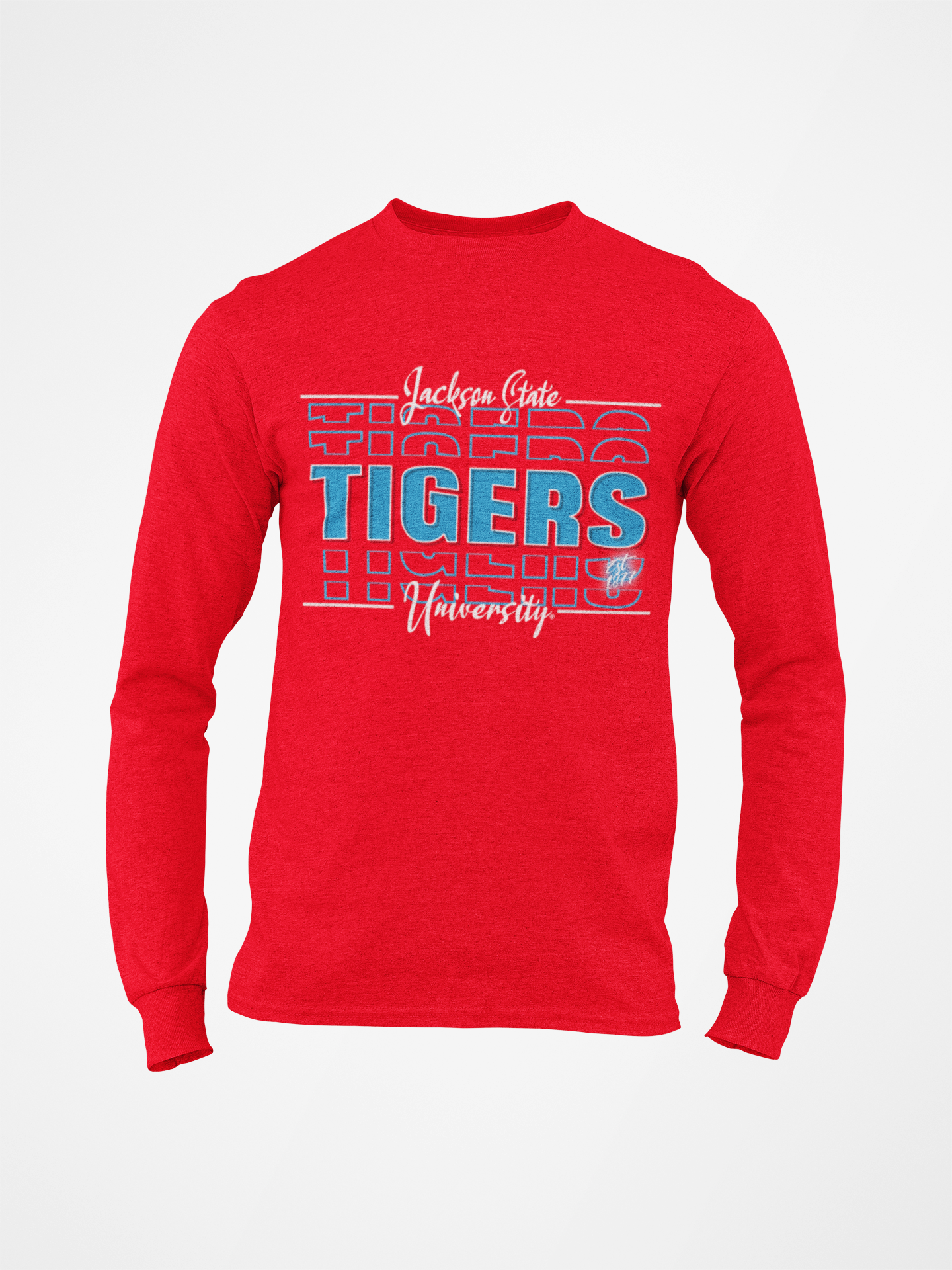 Red long-sleeve t-shirt with 'TIGERS' front graphic