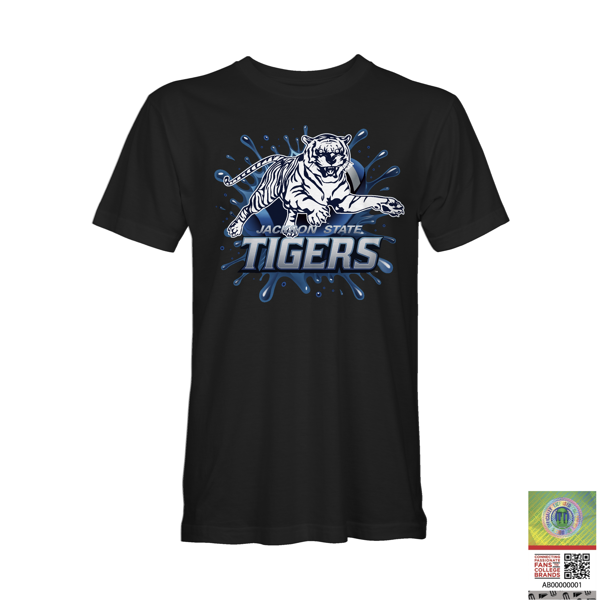 Black crewneck t-shirt with blue tiger logo and Jackson State Tigers graphic