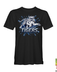 Black crewneck t-shirt with blue tiger logo and Jackson State Tigers graphic