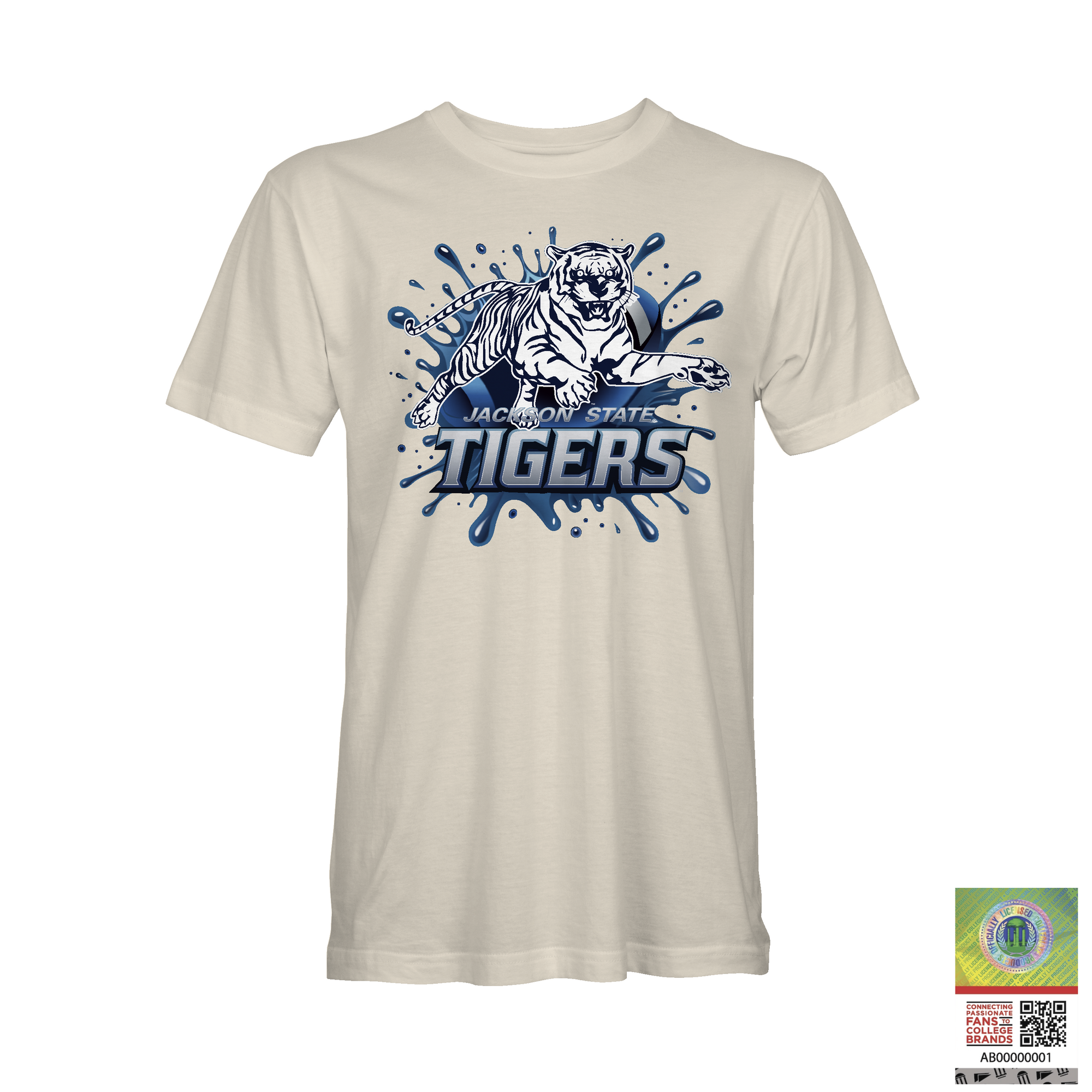 White crewneck t-shirt with blue tiger logo and Jackson State Tigers graphic