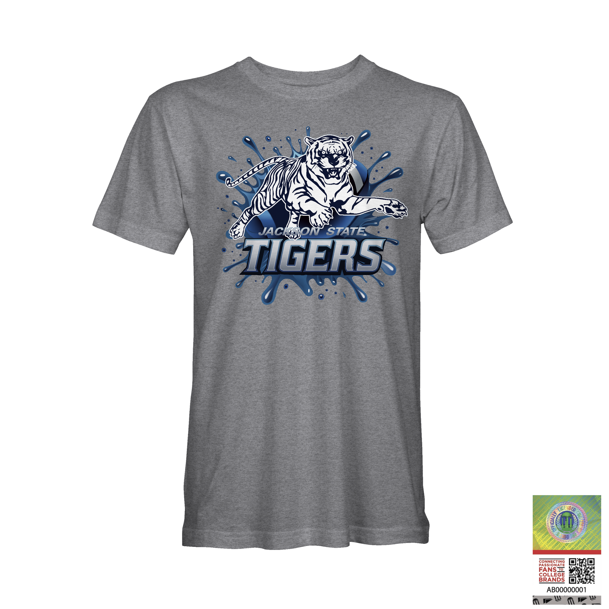 Gray heather crewneck t-shirt with blue tiger logo and Jackson State Tigers graphic