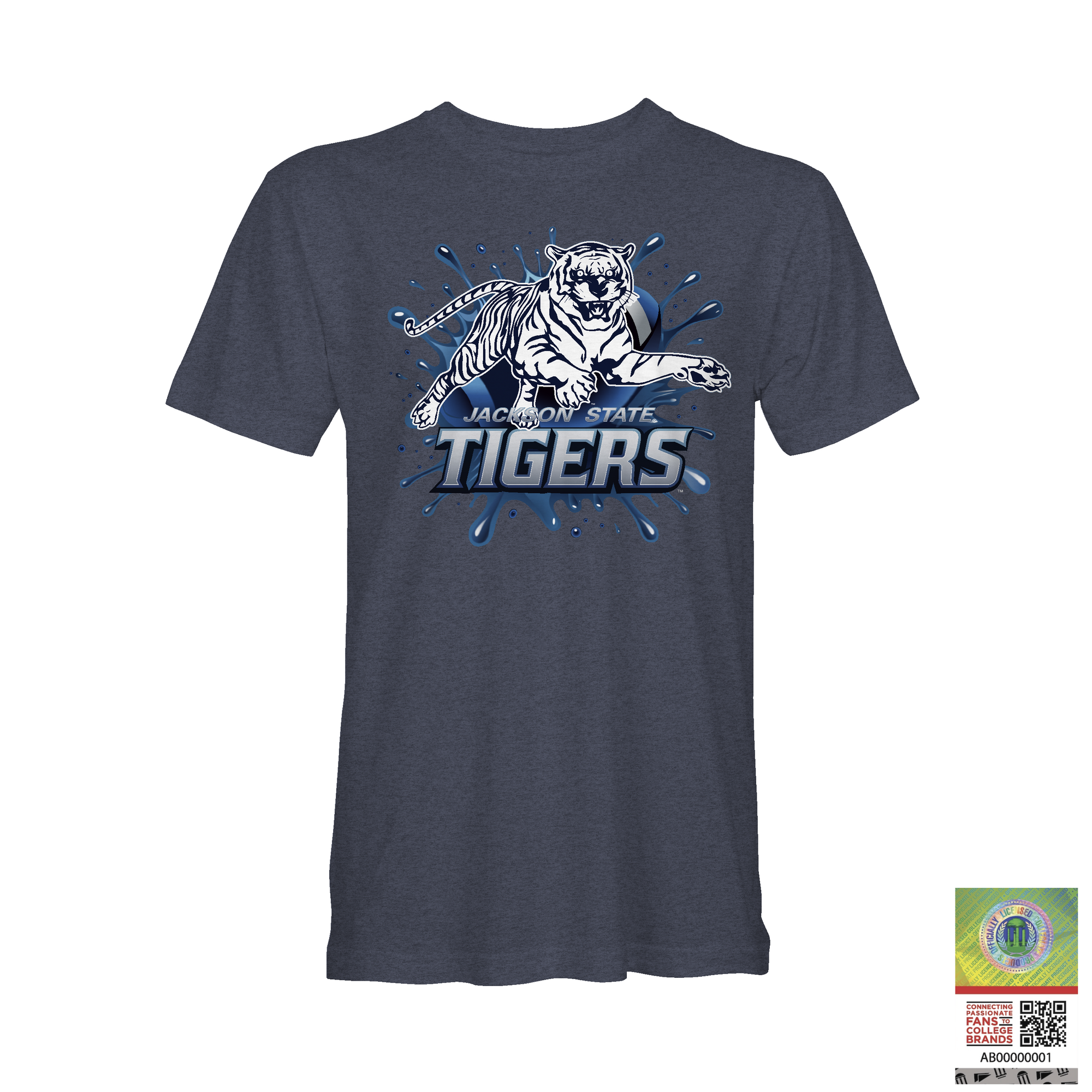 Navy heather crewneck t-shirt with blue tiger logo and Jackson State Tigers graphic