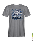 Gray heather crewneck t-shirt with blue tiger logo and Jackson State Tigers graphic